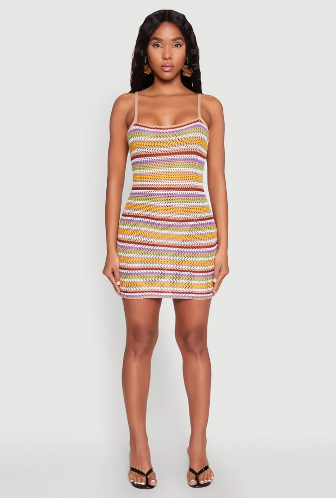 Womens Crochet Striped Cami Dress, Multi, Size XL