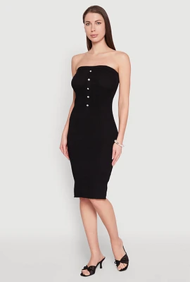 Womens Ribbed Knit Faux Pearl Detail Tube Dress,
