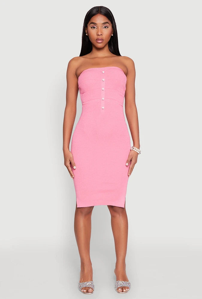 Womens Ribbed Knit Faux Pearl Detail Tube Dress, Pink,