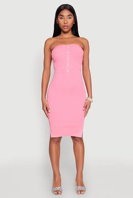 Womens Ribbed Knit Faux Pearl Detail Tube Dress, Pink,