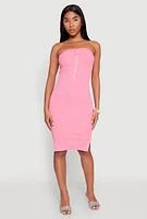 Womens Ribbed Knit Faux Pearl Detail Tube Dress, Pink,