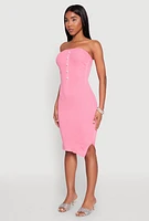Womens Ribbed Knit Faux Pearl Detail Tube Dress, Pink,