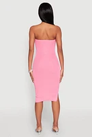Womens Ribbed Knit Faux Pearl Detail Tube Dress, Pink,