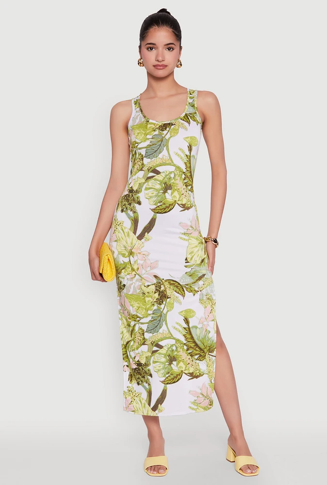 Womens Floral Print Side Slit Tank Midi Dress, Multi, Size XL