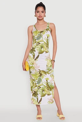 Womens Floral Print Side Slit Tank Midi Dress, Multi, Size XL