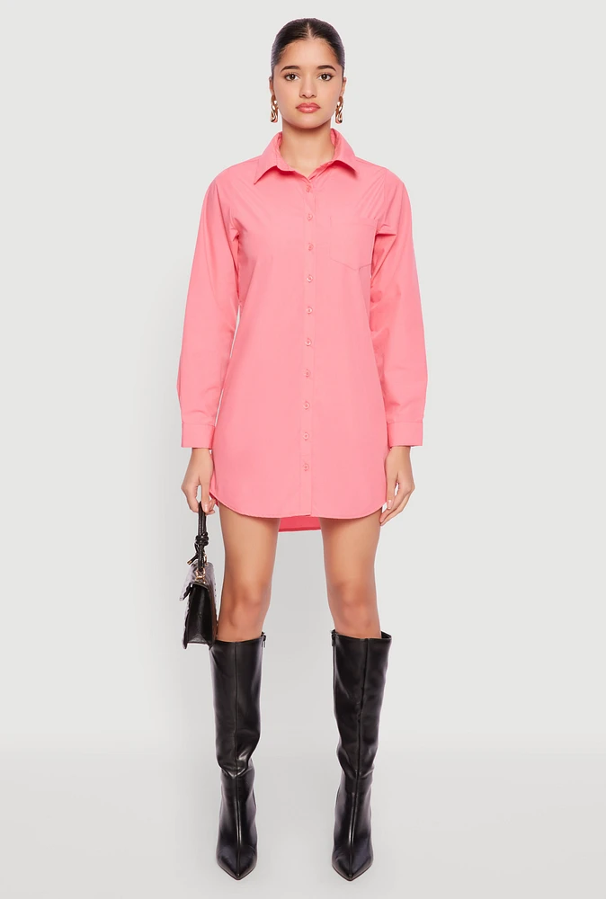 Womens Poplin Button Front Shirt Dress, Pink,