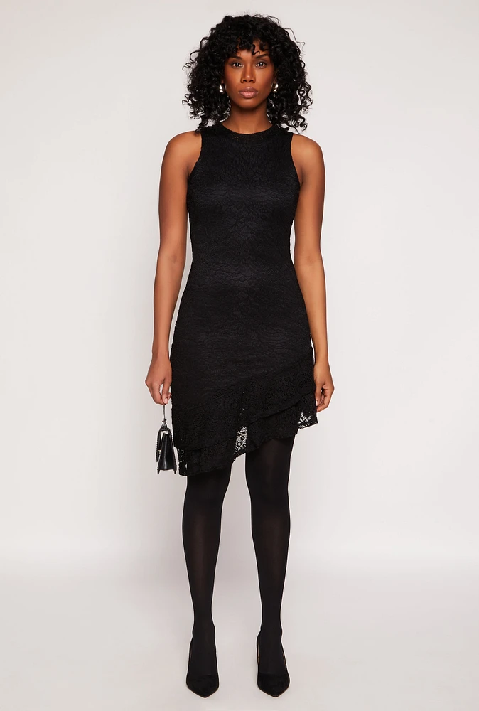 Womens Lace Lined Asymmetrical Dress, Black, Size S