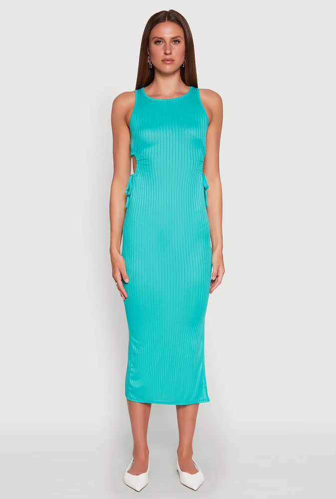 Womens Ribbed Knit Side Cut Out Midi Dress,
