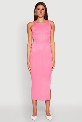 Womens Ribbed Knit Side Cut Out Midi Dress, Pink, Size M