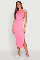Womens Ribbed Knit Side Cut Out Midi Dress, Pink, Size M
