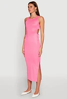 Womens Ribbed Knit Side Cut Out Midi Dress, Pink, Size M
