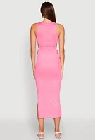 Womens Ribbed Knit Side Cut Out Midi Dress, Pink, Size M