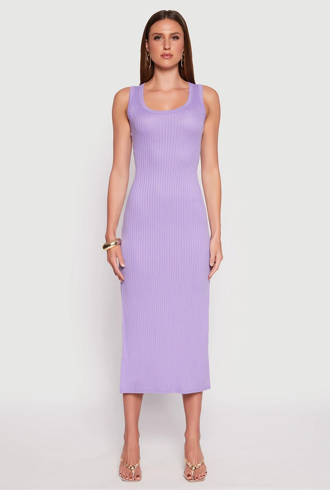 Womens Ribbed Knit Side Slit Tank Dress, Purple, Size M