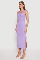 Womens Ribbed Knit Side Slit Tank Dress, Purple, Size M