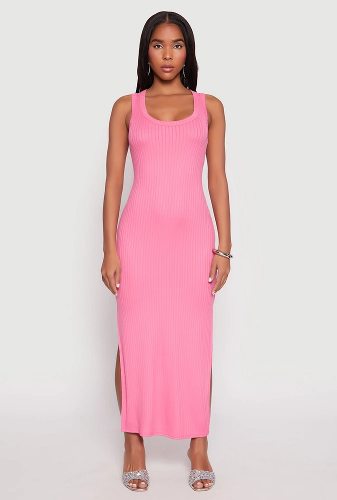 Womens Ribbed Knit Side Slit Tank Dress, Pink,