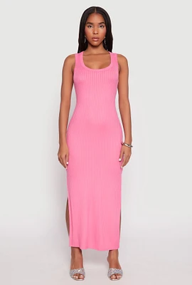 Womens Ribbed Knit Side Slit Tank Dress, Pink,