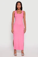 Womens Ribbed Knit Side Slit Tank Dress, Pink,