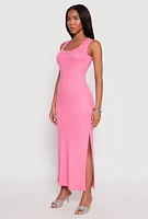 Womens Ribbed Knit Side Slit Tank Dress, Pink,