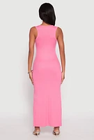 Womens Ribbed Knit Side Slit Tank Dress, Pink,
