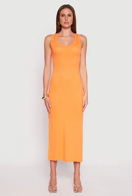 Womens Ribbed Knit Side Slit Tank Dress, Orange,