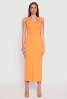Womens Ribbed Knit Side Slit Tank Dress, Orange,