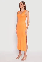 Womens Ribbed Knit Side Slit Tank Dress, Orange,