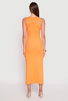 Womens Ribbed Knit Side Slit Tank Dress, Orange,