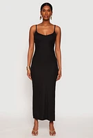 Womens Ribbed Knit Side Slit Maxi Dress, Black,