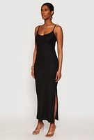 Womens Ribbed Knit Side Slit Maxi Dress, Black,