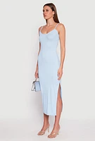 Womens Ribbed Knit Side Slit Maxi Dress, Blue, Size L