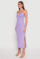 Womens Ribbed Knit Side Slit Maxi Dress, Purple,