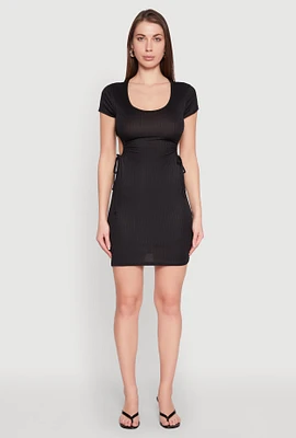 Womens Rib Knit Side Ruched Keyhole Mini Dress,