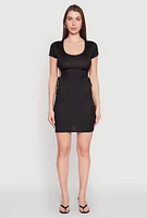 Womens Rib Knit Side Ruched Keyhole Mini Dress,