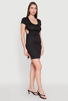 Womens Rib Knit Side Ruched Keyhole Mini Dress,