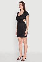 Womens Rib Knit Side Ruched Keyhole Mini Dress,
