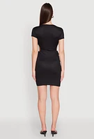 Womens Rib Knit Side Ruched Keyhole Mini Dress,
