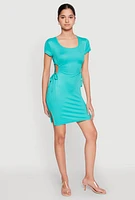 Womens Rib Knit Side Ruched Keyhole Mini Dress,