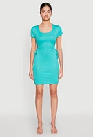 Womens Rib Knit Side Ruched Keyhole Mini Dress,