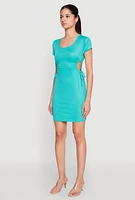 Womens Rib Knit Side Ruched Keyhole Mini Dress,