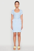 Womens Rib Knit Side Ruched Keyhole Mini Dress, Blue,