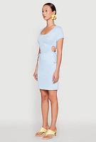 Womens Rib Knit Side Ruched Keyhole Mini Dress, Blue,