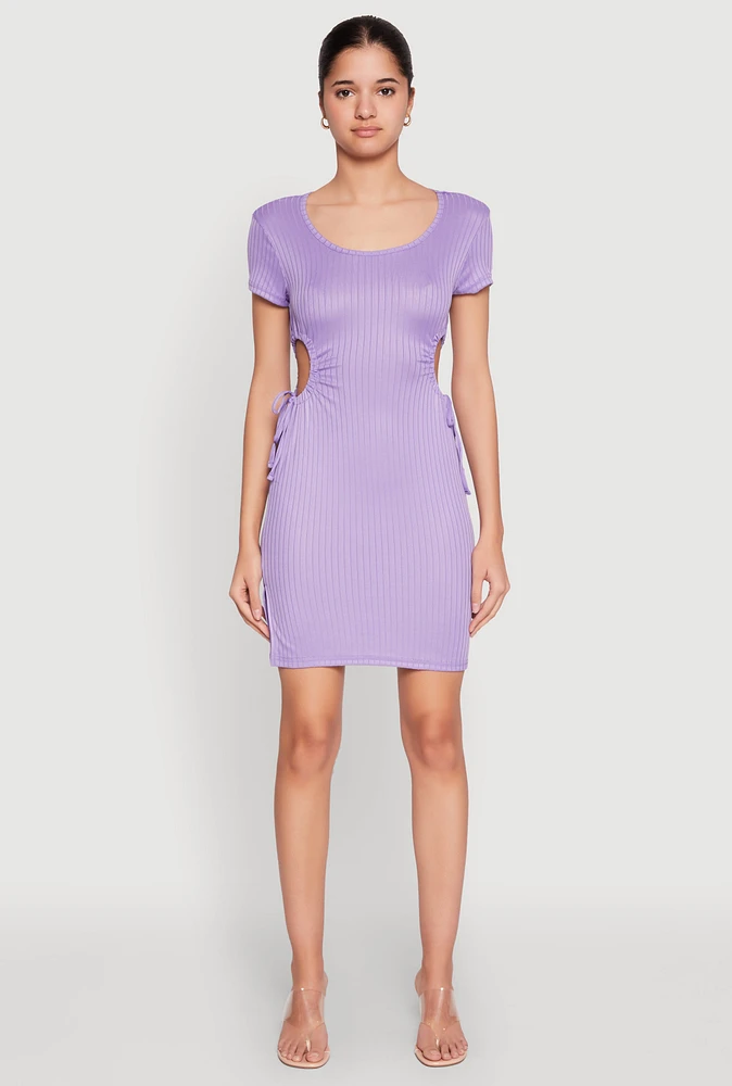 Womens Rib Knit Side Ruched Keyhole Mini Dress, XL