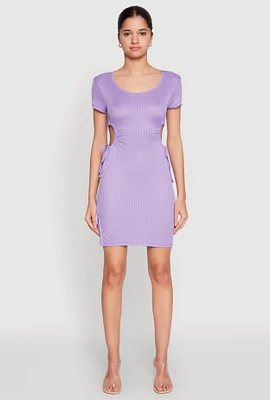 Womens Rib Knit Side Ruched Keyhole Mini Dress, XL