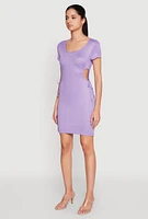 Womens Rib Knit Side Ruched Keyhole Mini Dress, XL