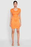 Womens Rib Knit Side Ruched Keyhole Mini Dress, Orange, Size S