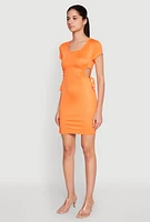 Womens Rib Knit Side Ruched Keyhole Mini Dress, Orange, Size S
