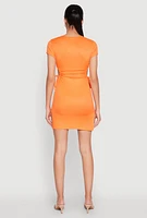 Womens Rib Knit Side Ruched Keyhole Mini Dress, Orange, Size S