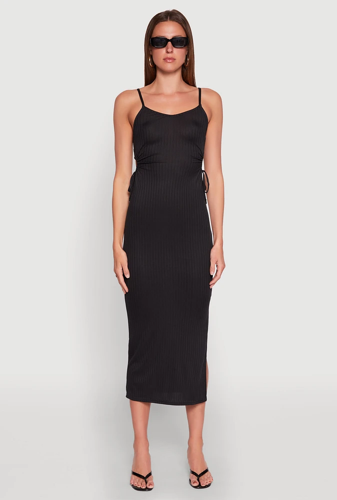 Womens Ribbed Knit Drawstring Cut Out Side Cami Dress,