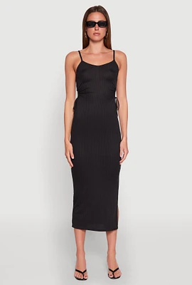 Womens Ribbed Knit Drawstring Cut Out Side Cami Dress,