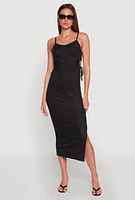 Womens Ribbed Knit Drawstring Cut Out Side Cami Dress,